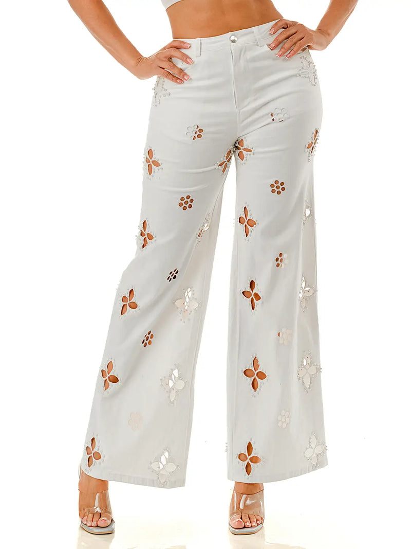 White Wide Leg Jeans with Pearl-Embellished Cutout Floral Detailing