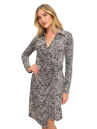 Animal Print Collared Wrap Front Long Sleeve Dress