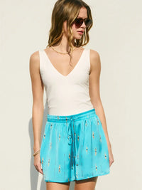 Blue Printed Drawstring Flowy Shorts