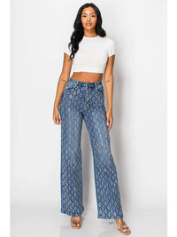 Wide-Leg Denim Jeans with Silver Sequin Geometric Pattern Light Blue