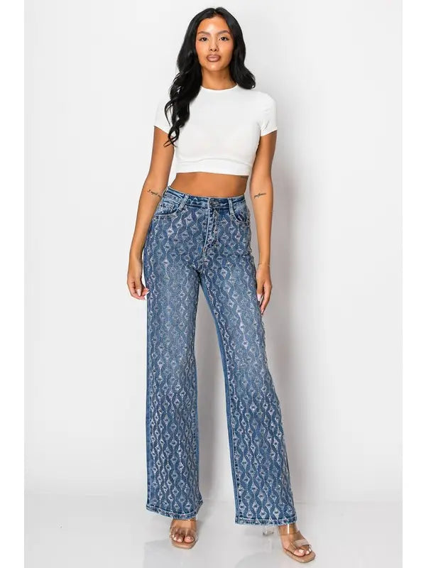 Wide-Leg Denim Jeans with Silver Sequin Geometric Pattern Light Blue