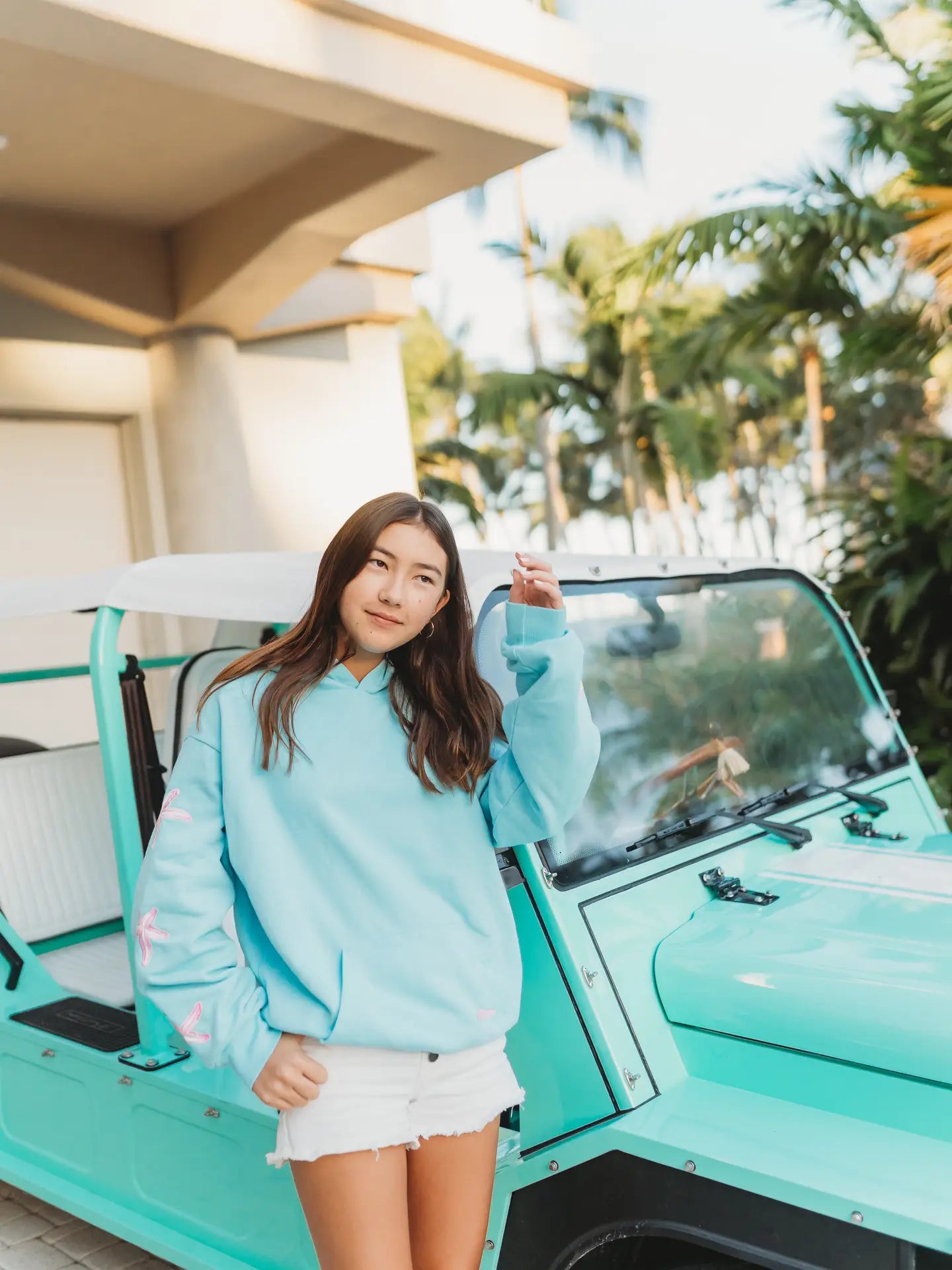 Blue Coastal Graphic Hoodie with Starfish Sleeve Detail