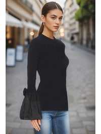 Black Knit Top with Gathered Puff Bell Sleeves