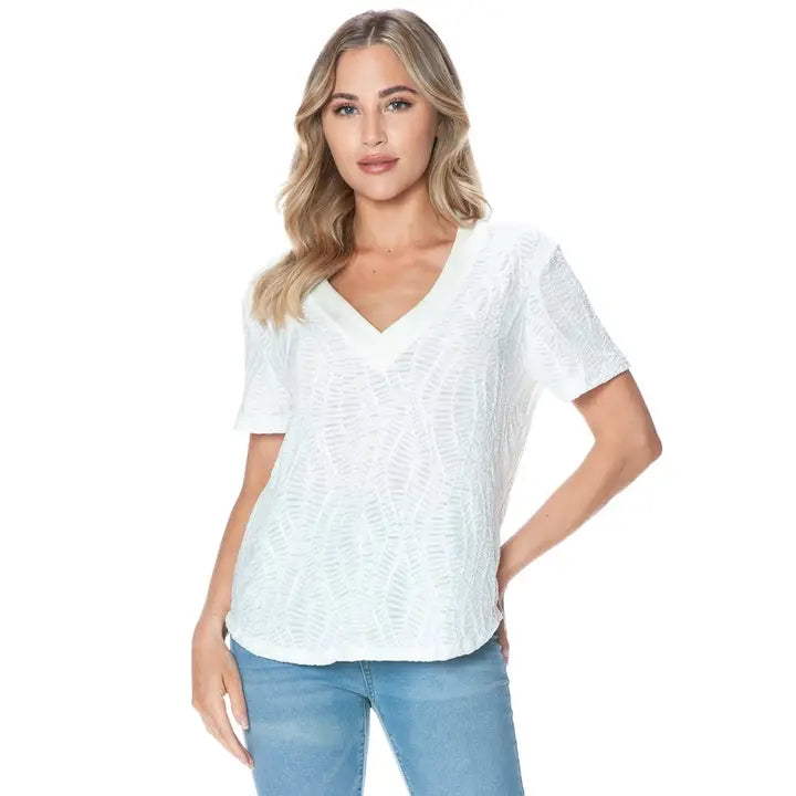 White Textured V-Neck Short Sleeve Blouse Top