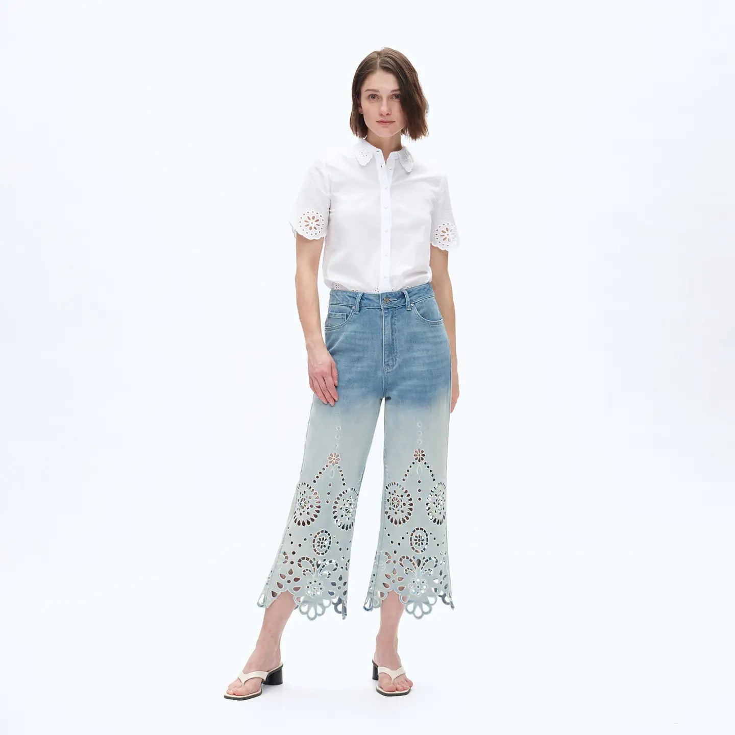 Light Wash Denim Culottes with Scalloped Laser Cut Hem