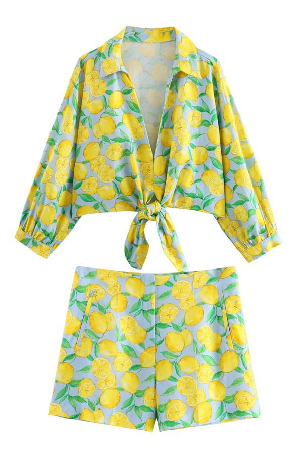 LEMON PRINT FRONT KNOT SHIRT AND SHORTS