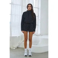 Black Polka Dot Zip-Up Jacket and Shorts Set