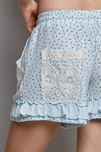 Light Blue Lace Trim Ruffle Shorts