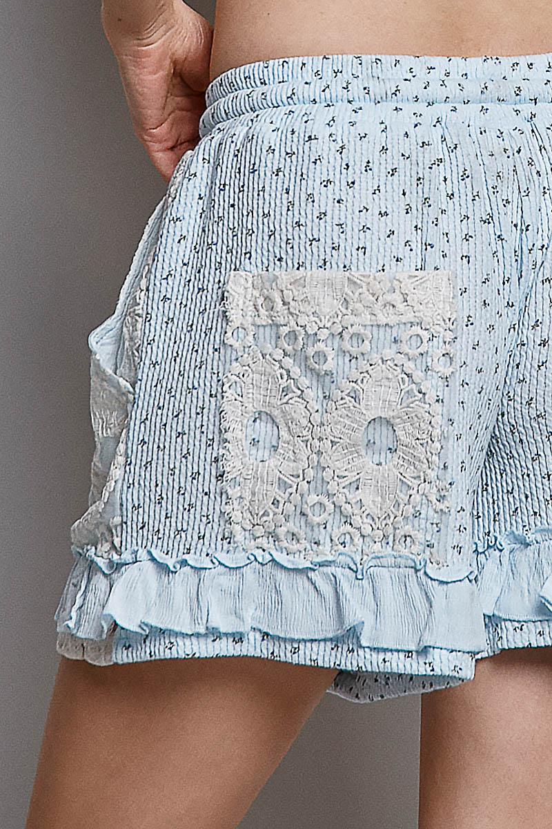 Light Blue Lace Trim Ruffle Shorts