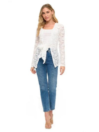White Lace Tie Front Long Sleeve Top