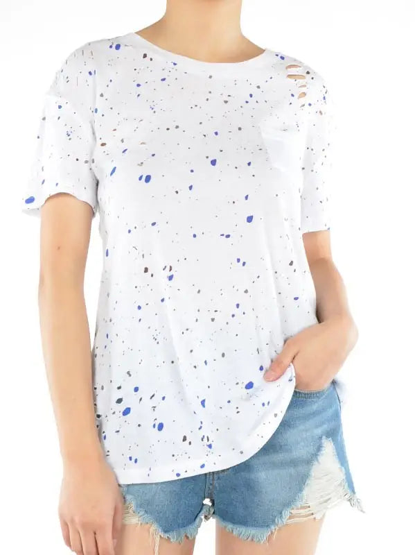 White Paint Splatter Distressed Crew Neck T-Shirt