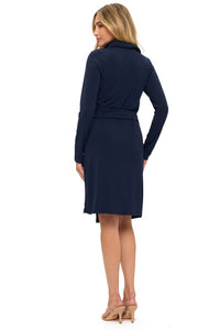Navy Blue Long Sleeve Collared Wrap Dress with Side Tie Detail
