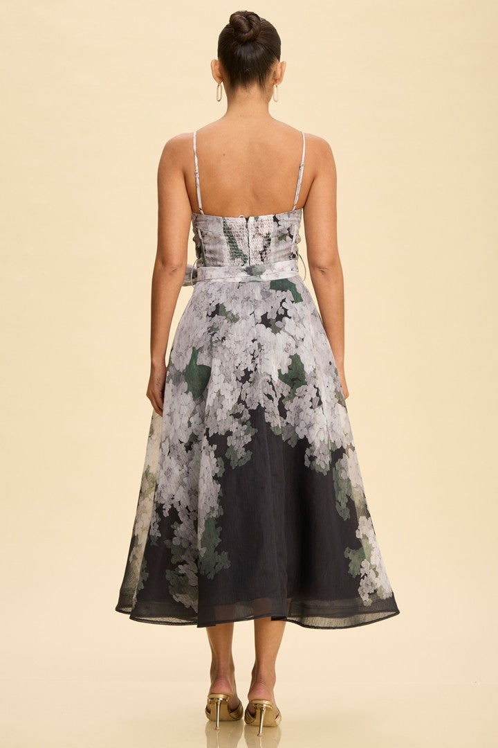 Floral Bustier Tie Waist Midi Dress