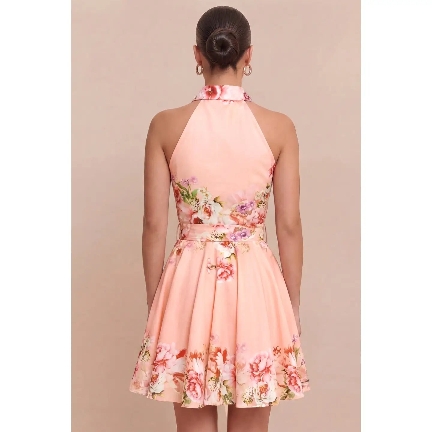 Peach Floral Halter Fit and Flare Mini Dress with Belt