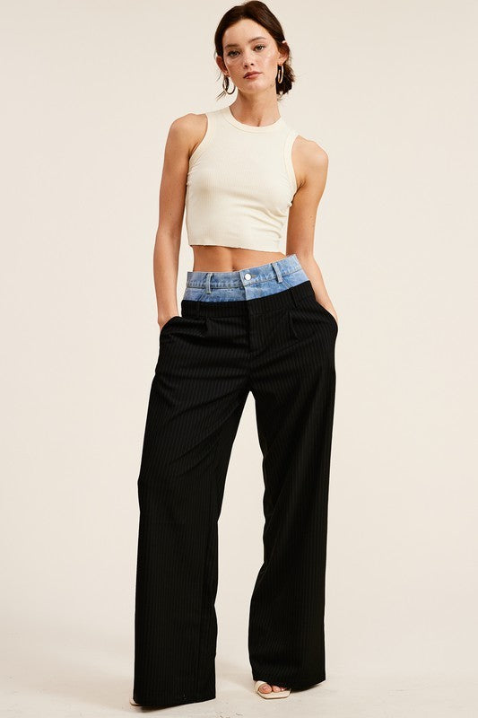 DENIM WAISTBAND CONTRAST WIDE LEG BILLIE TROUSERS