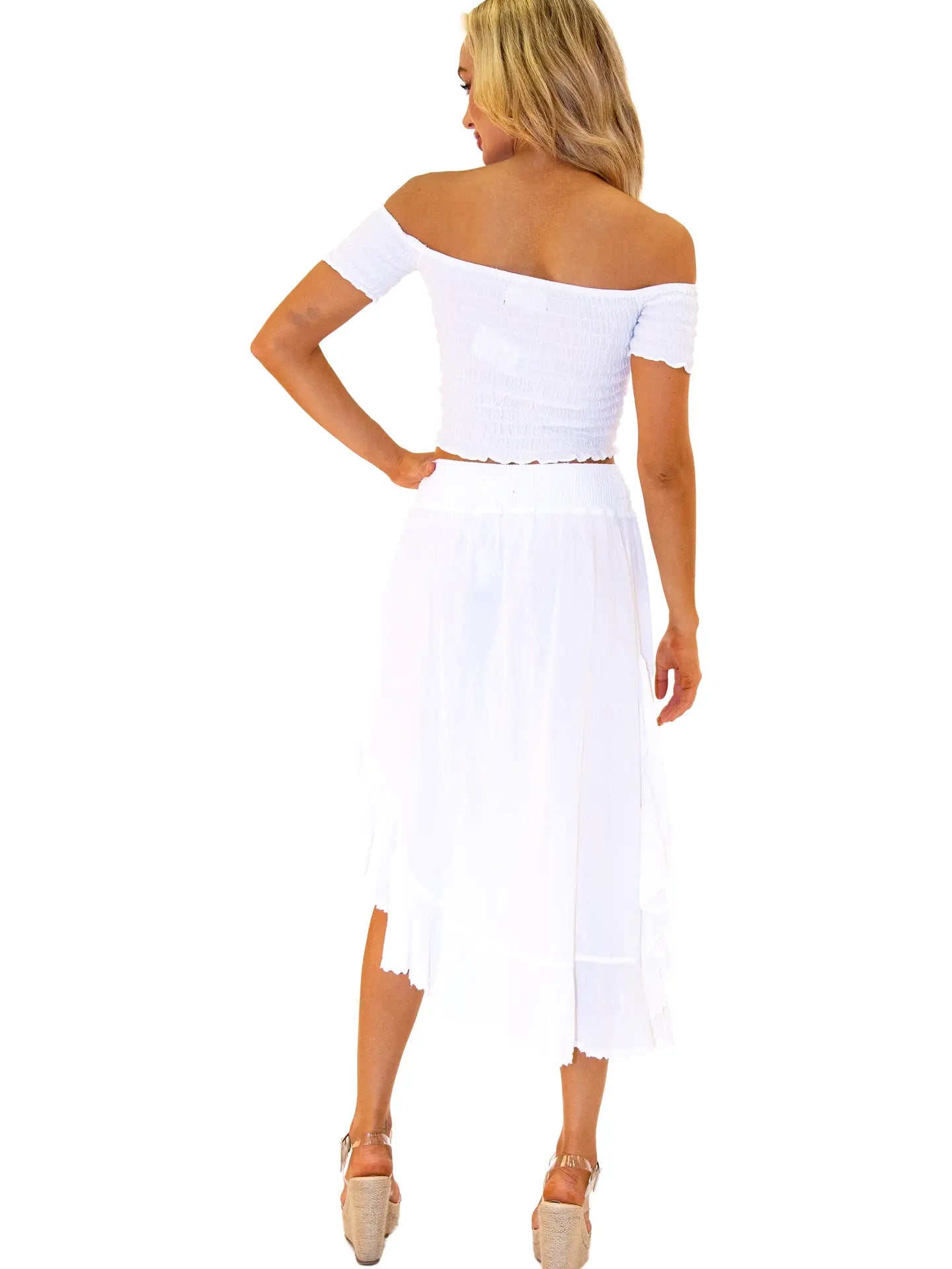 White Smocked Off Shoulder Crop Top