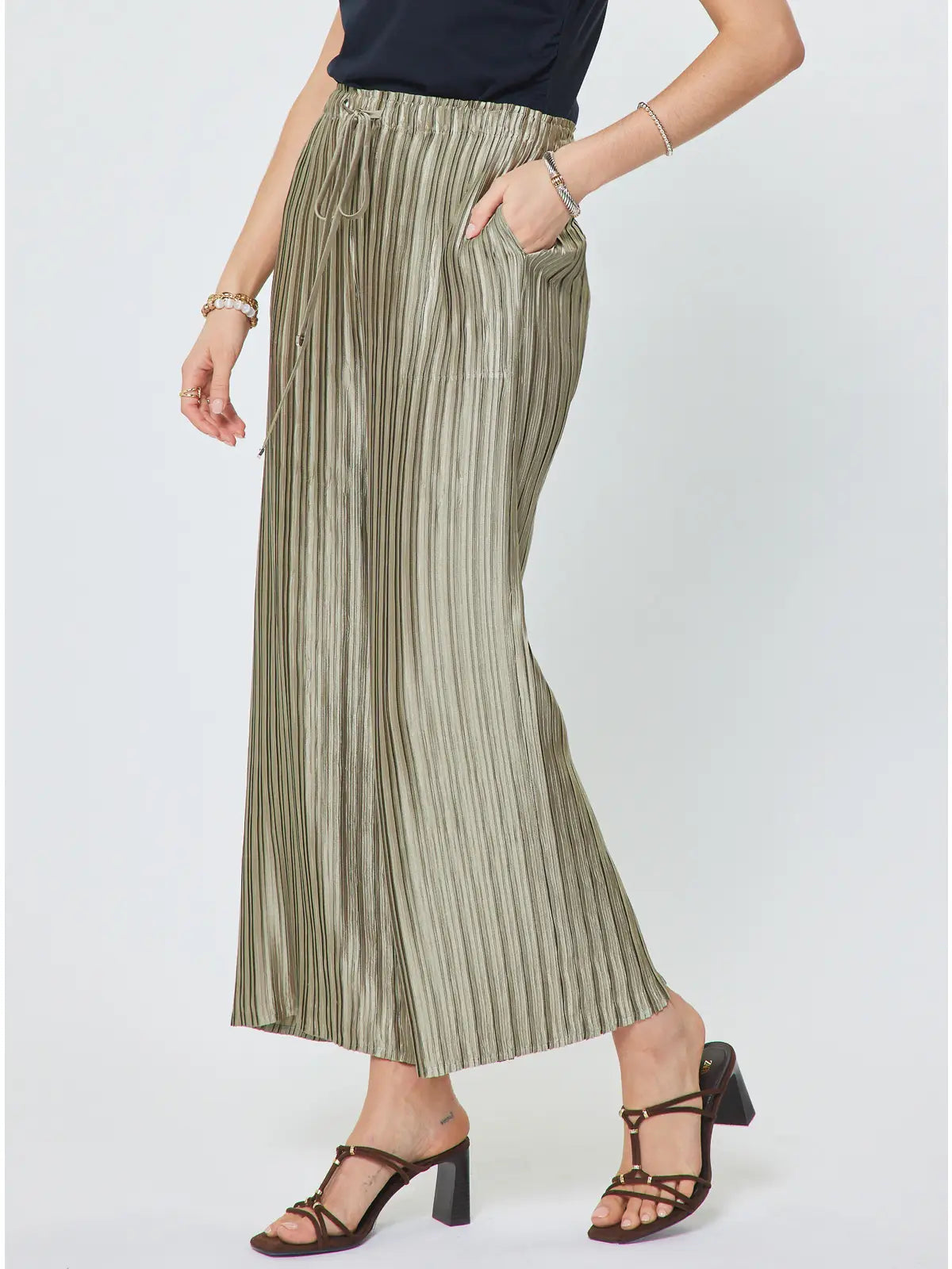 Pleated Wide Leg Drawstring Pants Olive Green