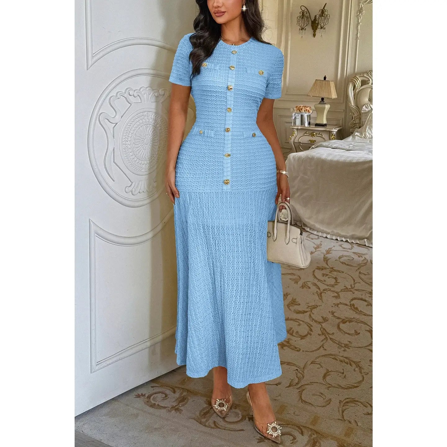 Sky Blue Textured Button Front Short Sleeve Midi Dress