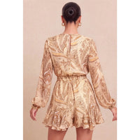 Nude Paisley Plunge Long Sleeve Flare Romper