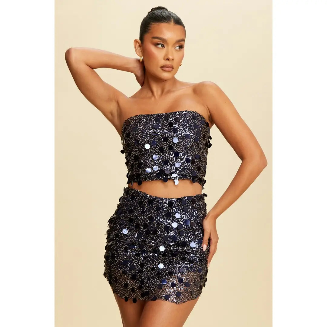 Navy Blue Sequin Embellished Strapless Crop Top and Mini Skirt Set