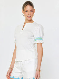 White Puff Sleeve Smocked Detail Blouse