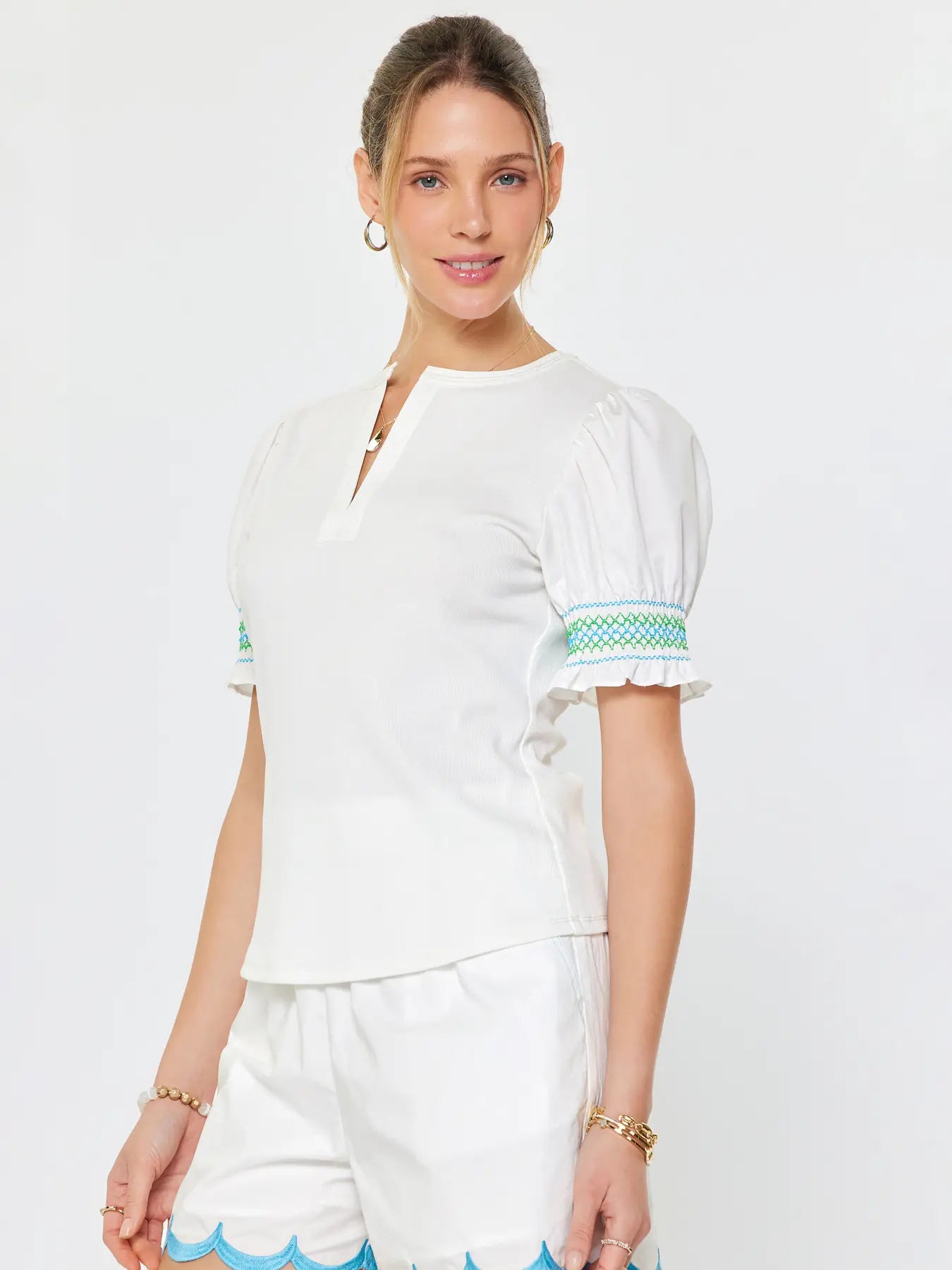 White Puff Sleeve Smocked Detail Blouse