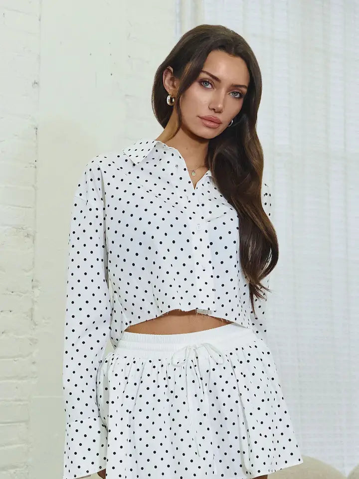 White Polka Dot Cropped Button-Up Blouse