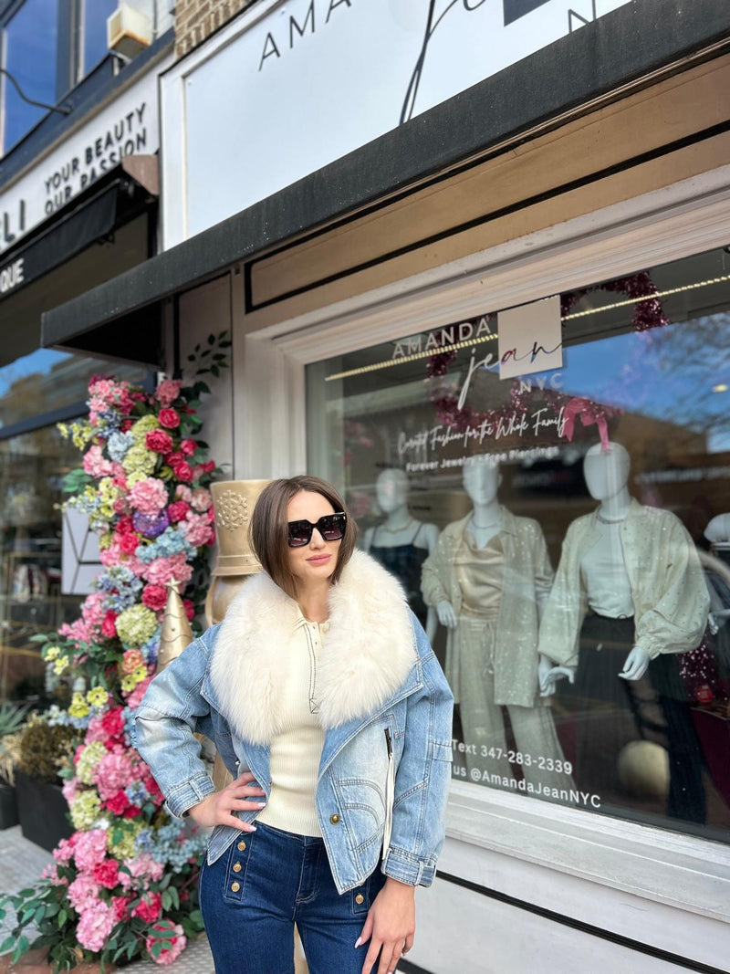 Denim Moto Jacket With White Fox Fur