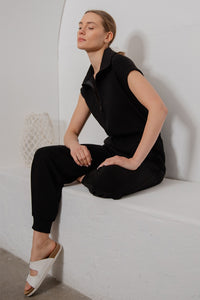 Black Zip Front Sleeveless Jogger Jumpsuit