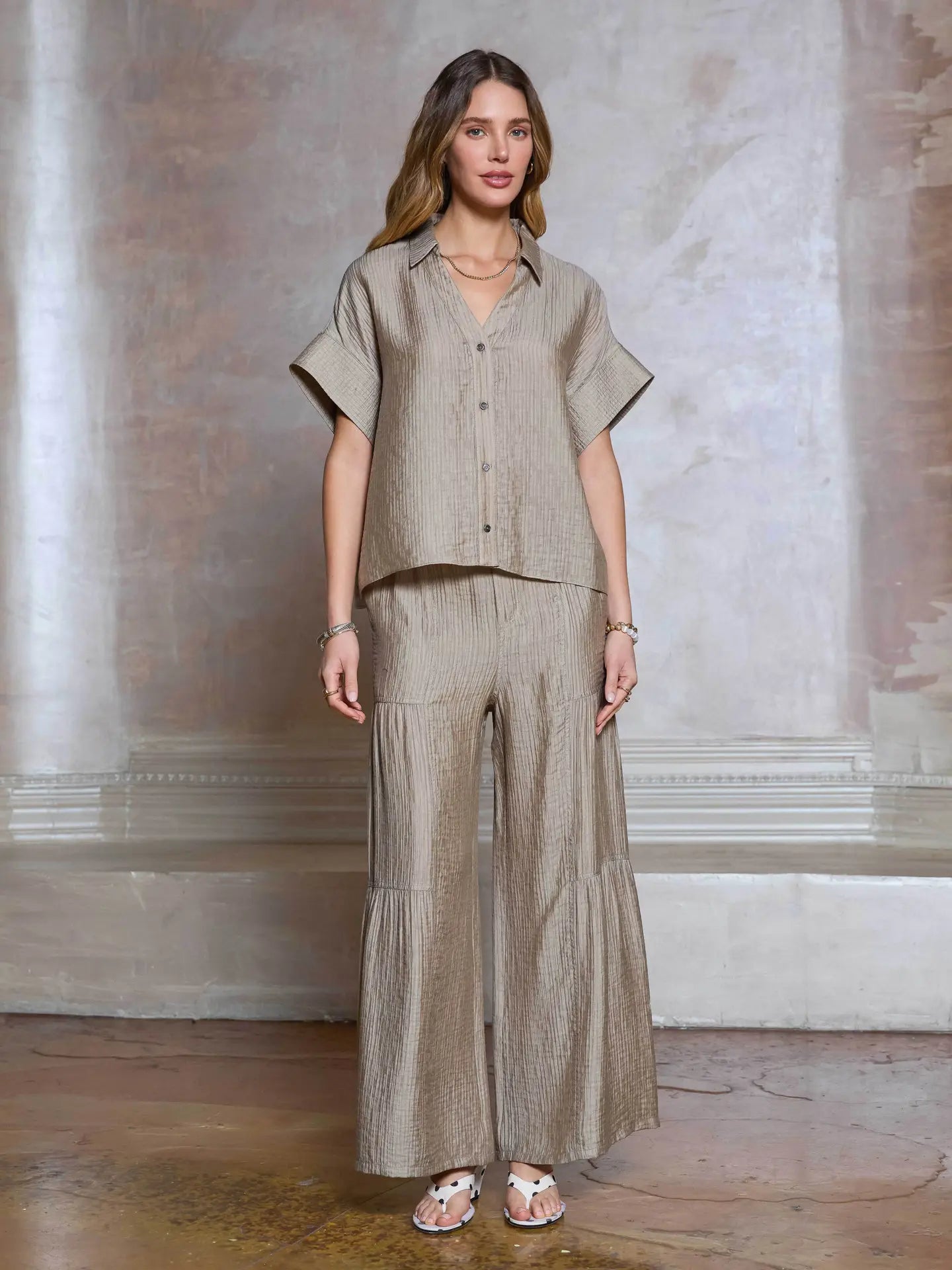 Nude Textured Button Front Short Sleeve Blouse