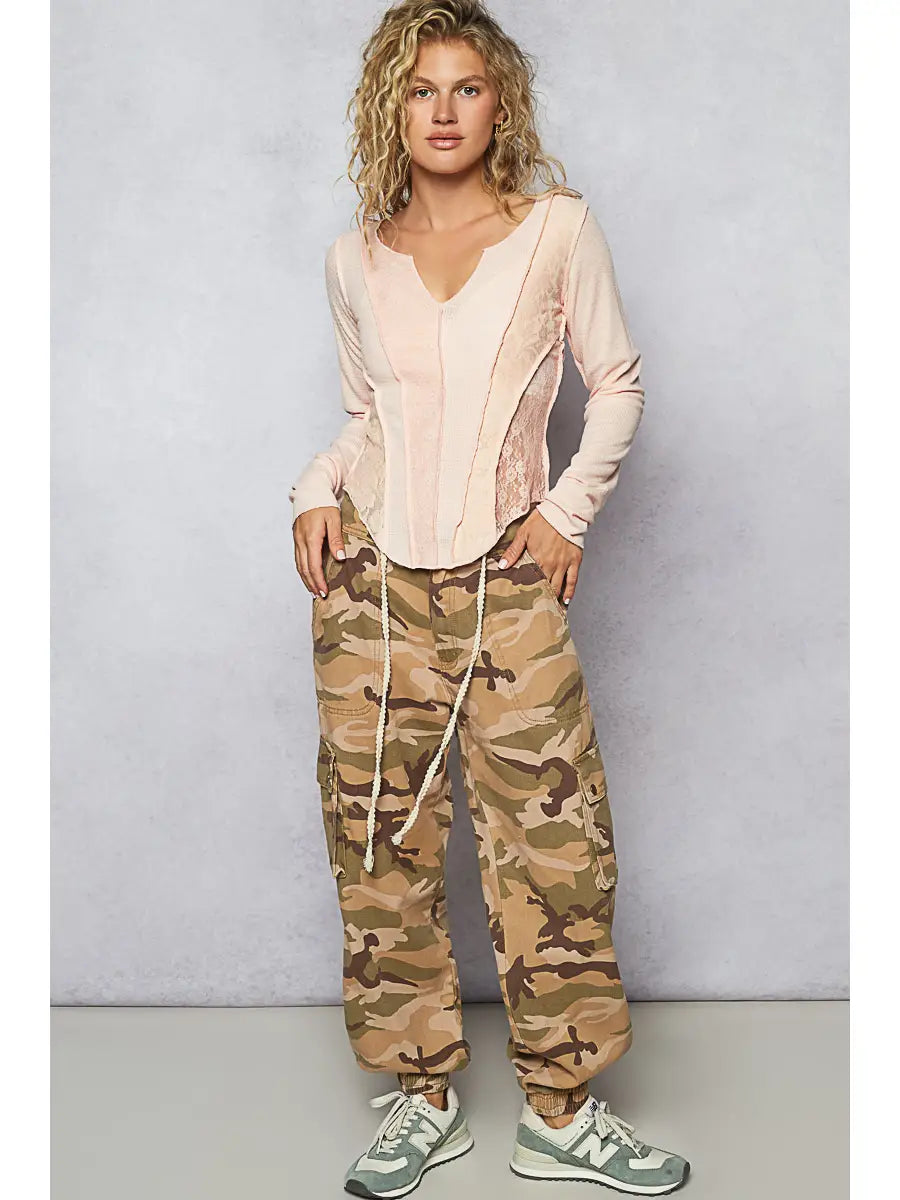 Pink Lace Panel Outseam Long Sleeve Top