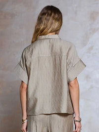 Nude Textured Button Front Short Sleeve Blouse