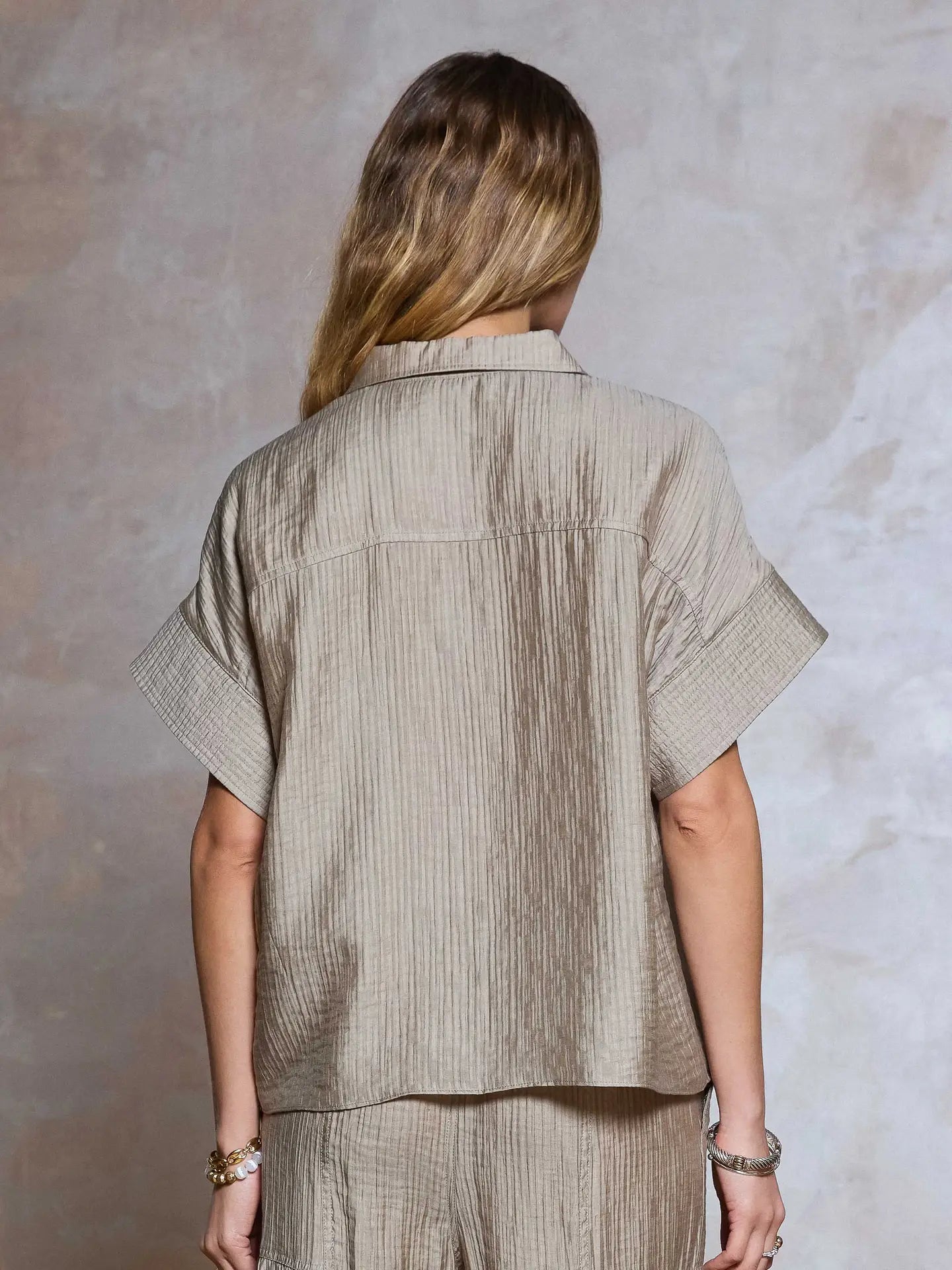Nude Textured Button Front Short Sleeve Blouse
