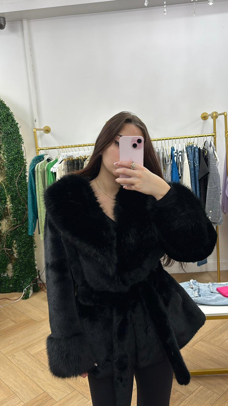 Black Faux Fur Wrap Coat with Oversized Collar