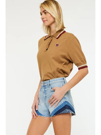 High Rise Colorblock Chevron Denim Shorts with Raw Hem
