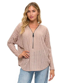 Blush Pink Textured Zip Front Long Sleeve Top