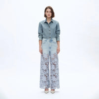 Lace Overlay High Waist Denim Pants in Light Wash