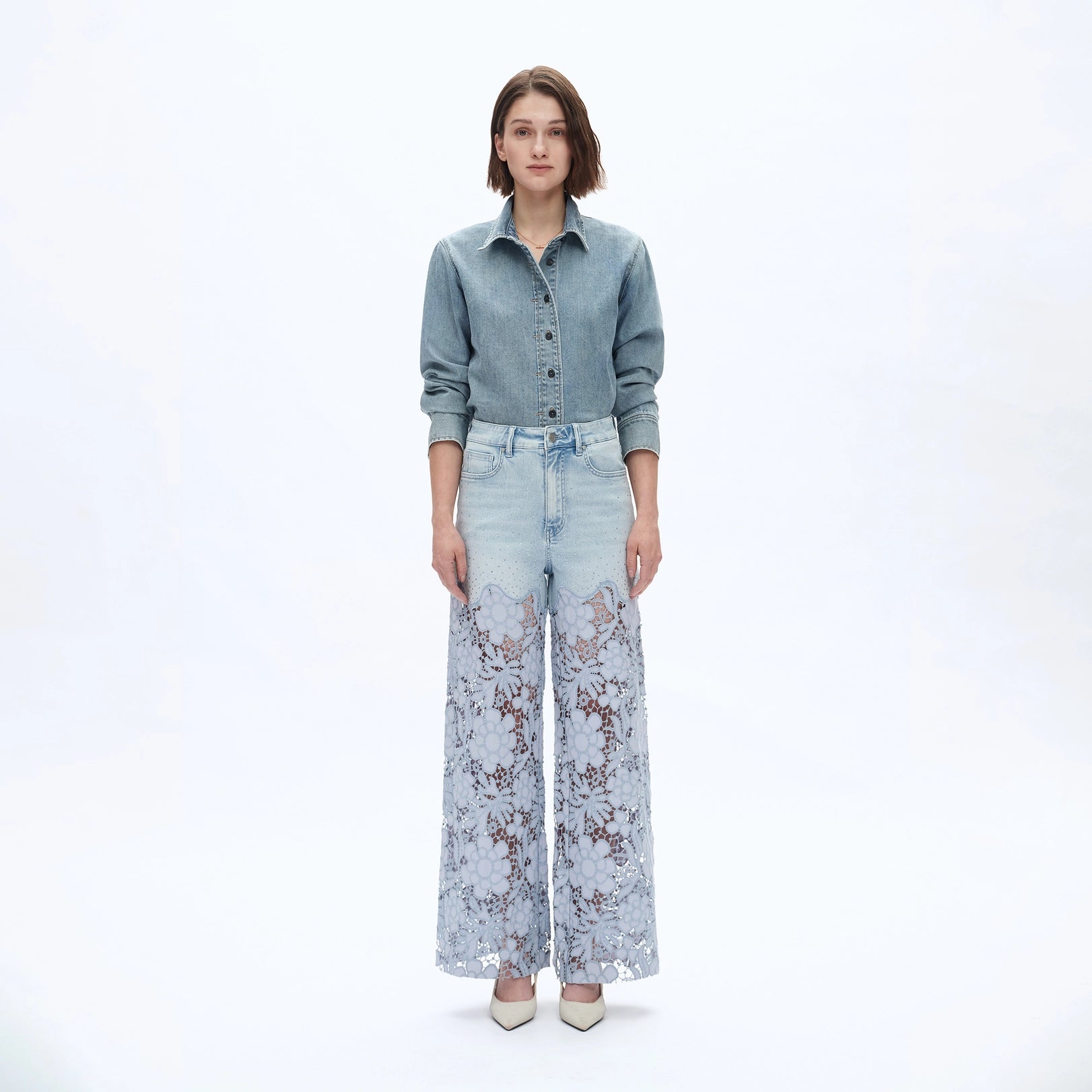 Lace Overlay High Waist Denim Pants in Light Wash