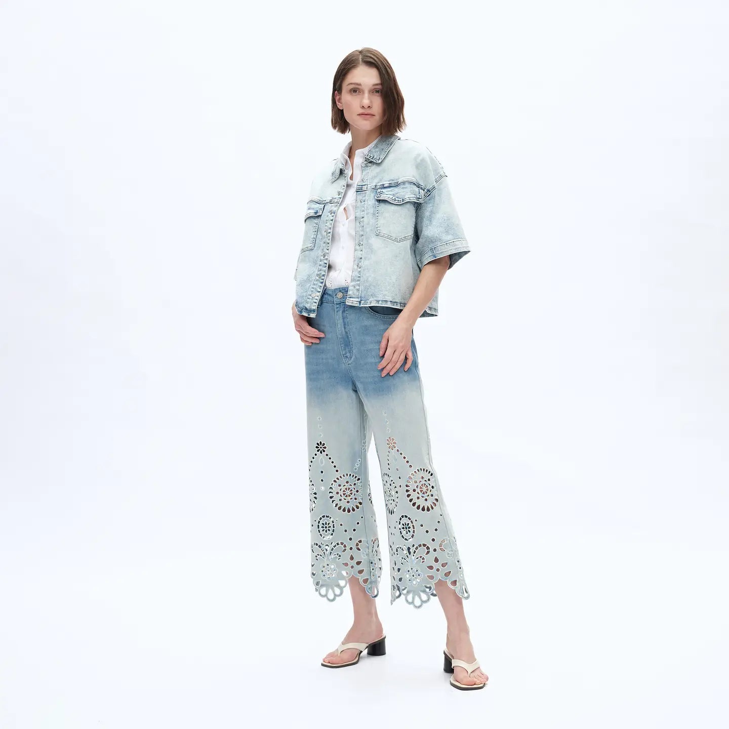 Light Wash Denim Culottes with Scalloped Laser Cut Hem