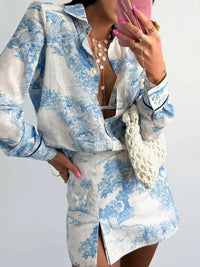 Blue Toile Print Three-Piece Skirt Set