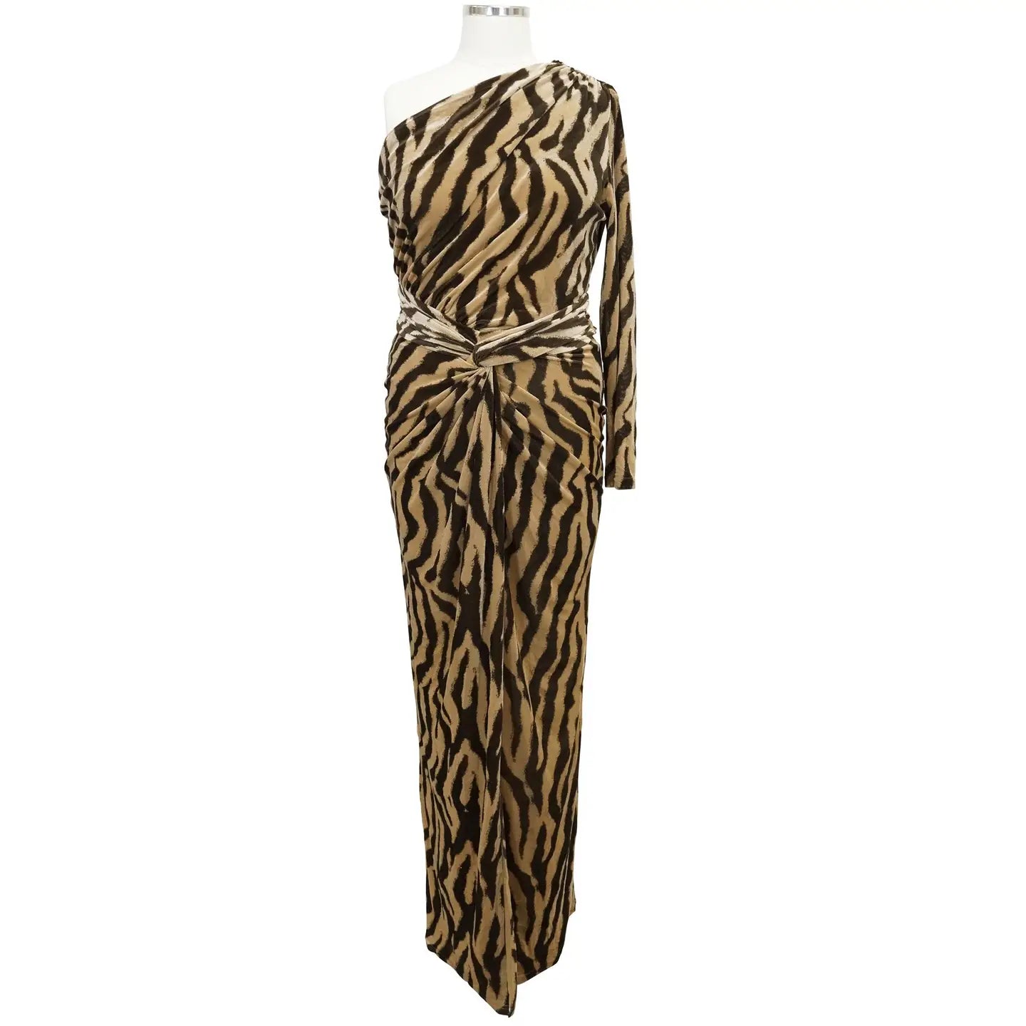 One-Shoulder Zebra Print Maxi Dress with Waist Twist Detail