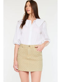 High Rise Studded Mini Skirt in Nude with Raw Hem