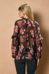 Black Floral Sheer Ruffle Sleeve Blouse