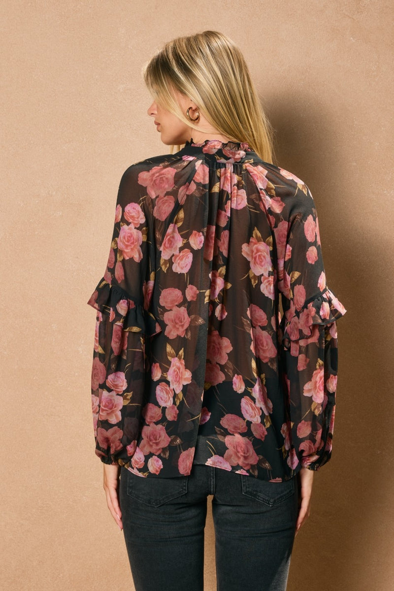 Black Floral Sheer Ruffle Sleeve Blouse