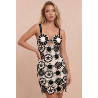 Black and White Floral Crochet Cutout Mini Dress