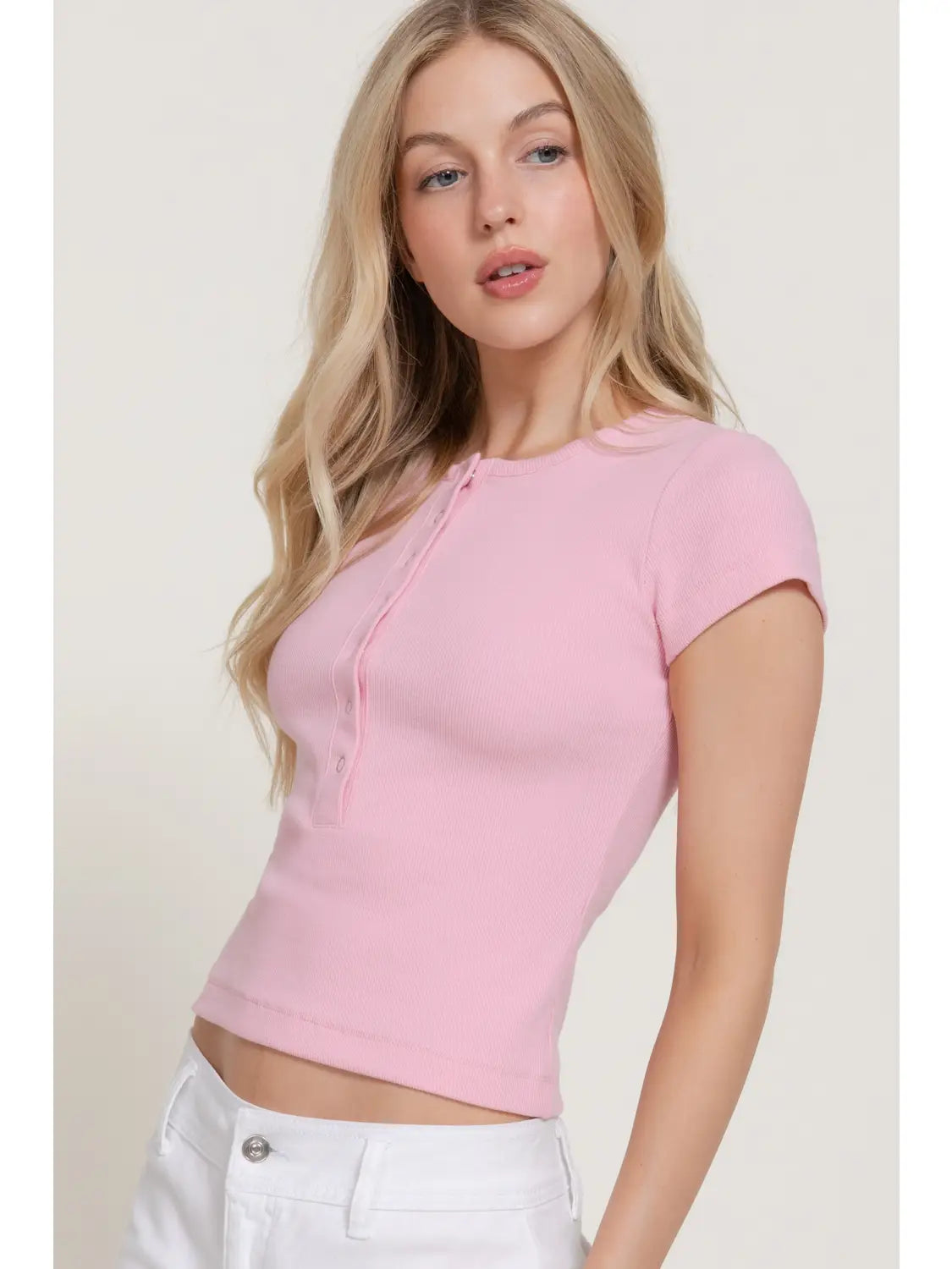 Ribbed Pink Henley Short Sleeve Fitted Crop Top
