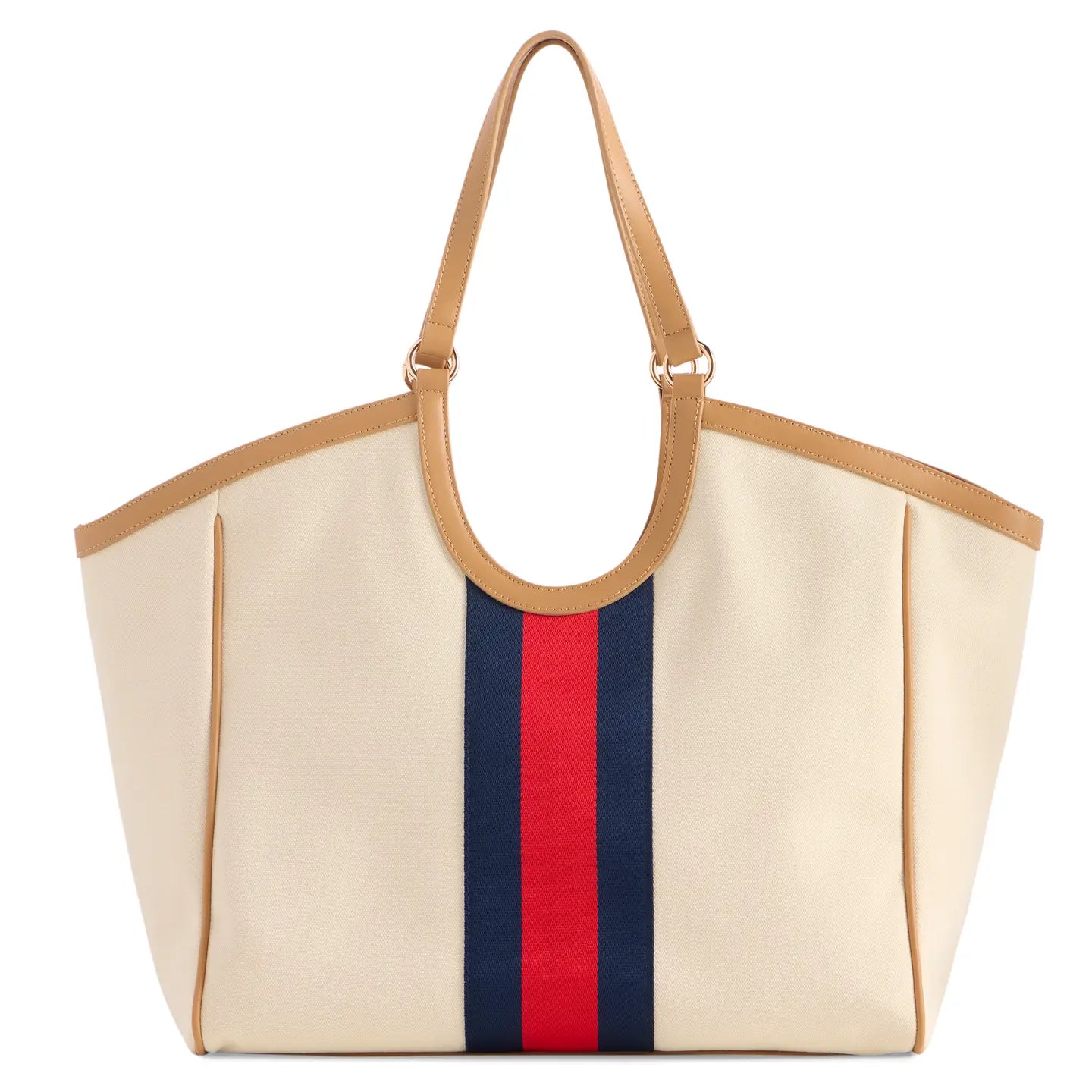 Beige Canvas Tote Bag with Red and Navy Stripe Detail
