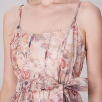 Floral Organza Midi Dress with Spaghetti Straps and Waist Tie