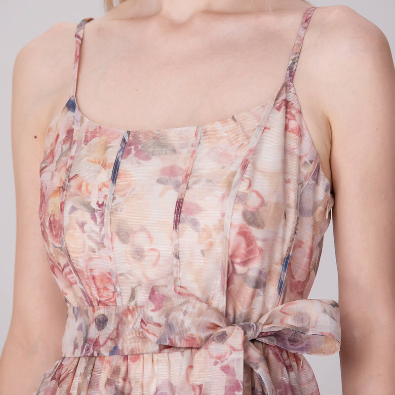 Floral Organza Midi Dress with Spaghetti Straps and Waist Tie