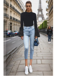Black Knit Top with Gathered Puff Bell Sleeves